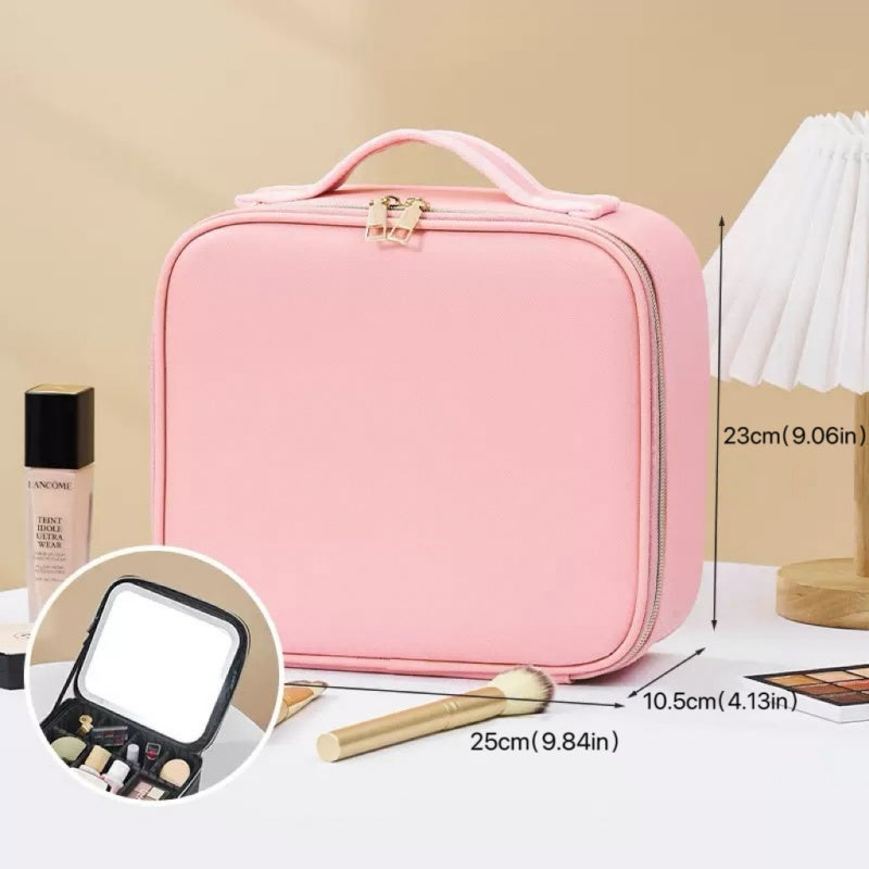 Makeup Bag With Removeable Lighted Mirror Travel Makeup Case 3 Color Lights Dimmable 4K Large Mirror Built-in Battery Detachable Dividers