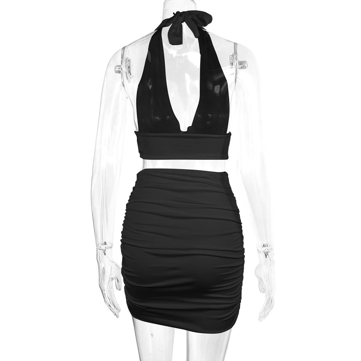 2-Piece Halter Lace-Up Crop Top & Pleated Mini Skirt Set – Hip-Hugging Women’s Dress Suit in Black, White, or Green