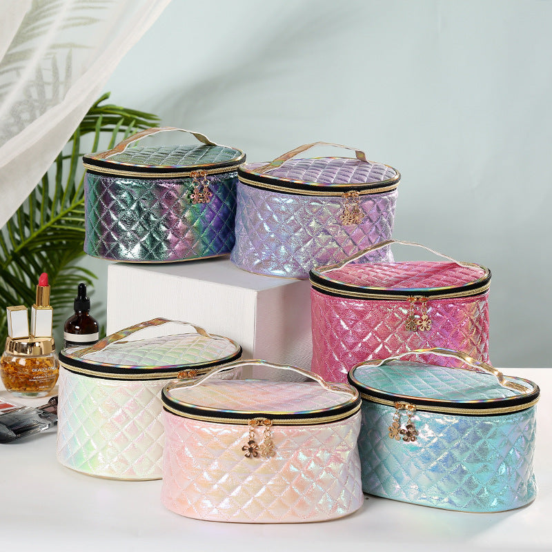 Holographic Quilted Makeup Bag with Handle – Travel Cosmetic Case in Iridescent Pastel Colors