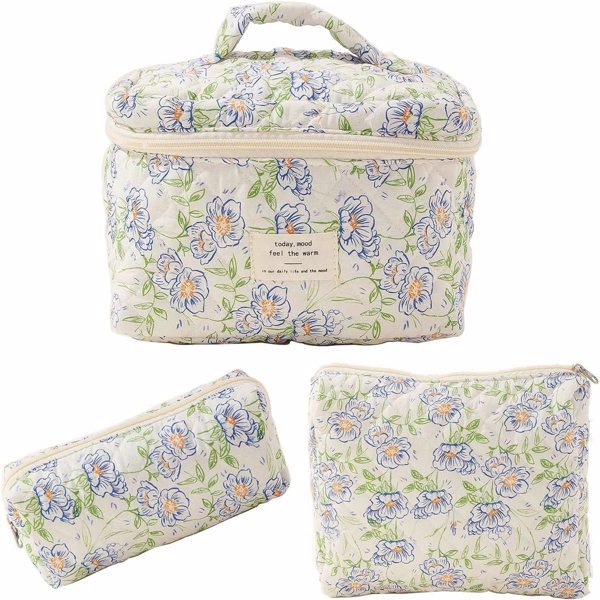 3-Piece Quilted Floral Makeup Bag Set – Aesthetic Cotton Travel Cosmetic Organizers