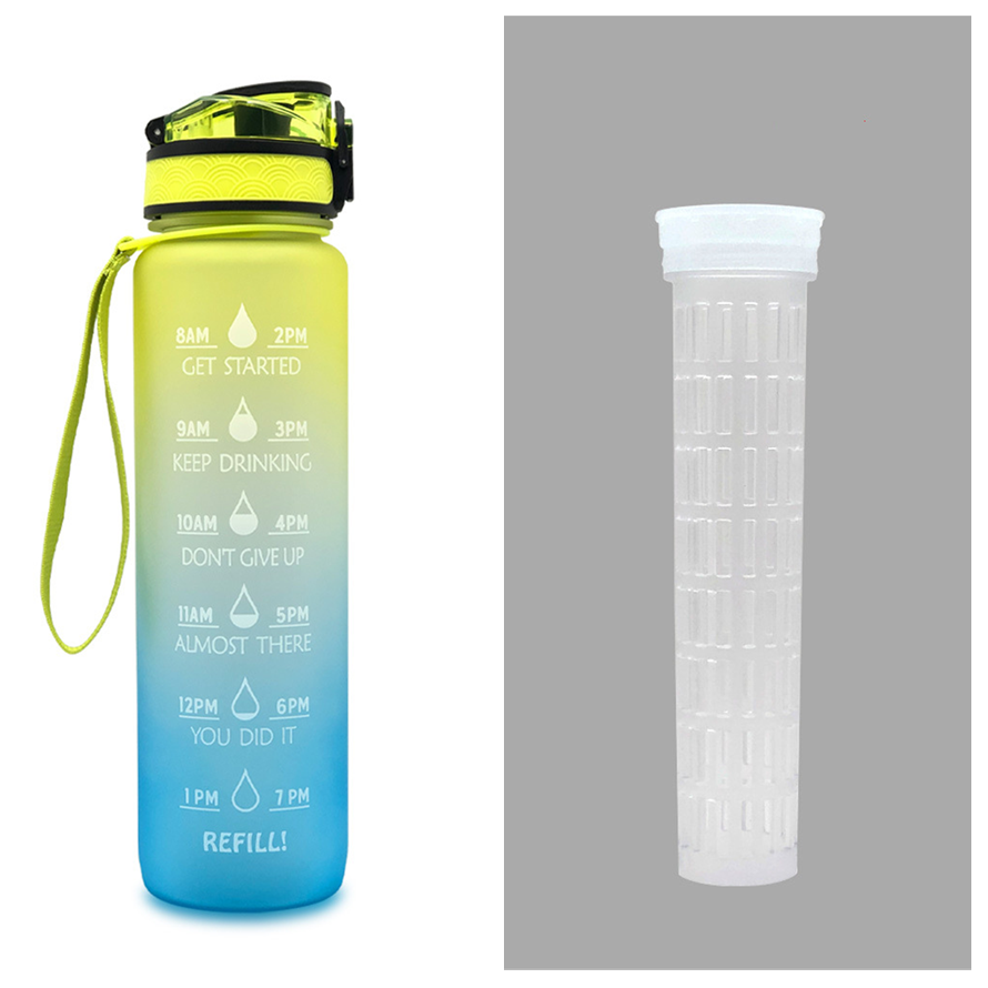 Motivational Water Bottle 1L Tritan with Time Marker, Bounce Cover for Cycling, Leakproof Cup - Ideal for Sports Fitness Bottles