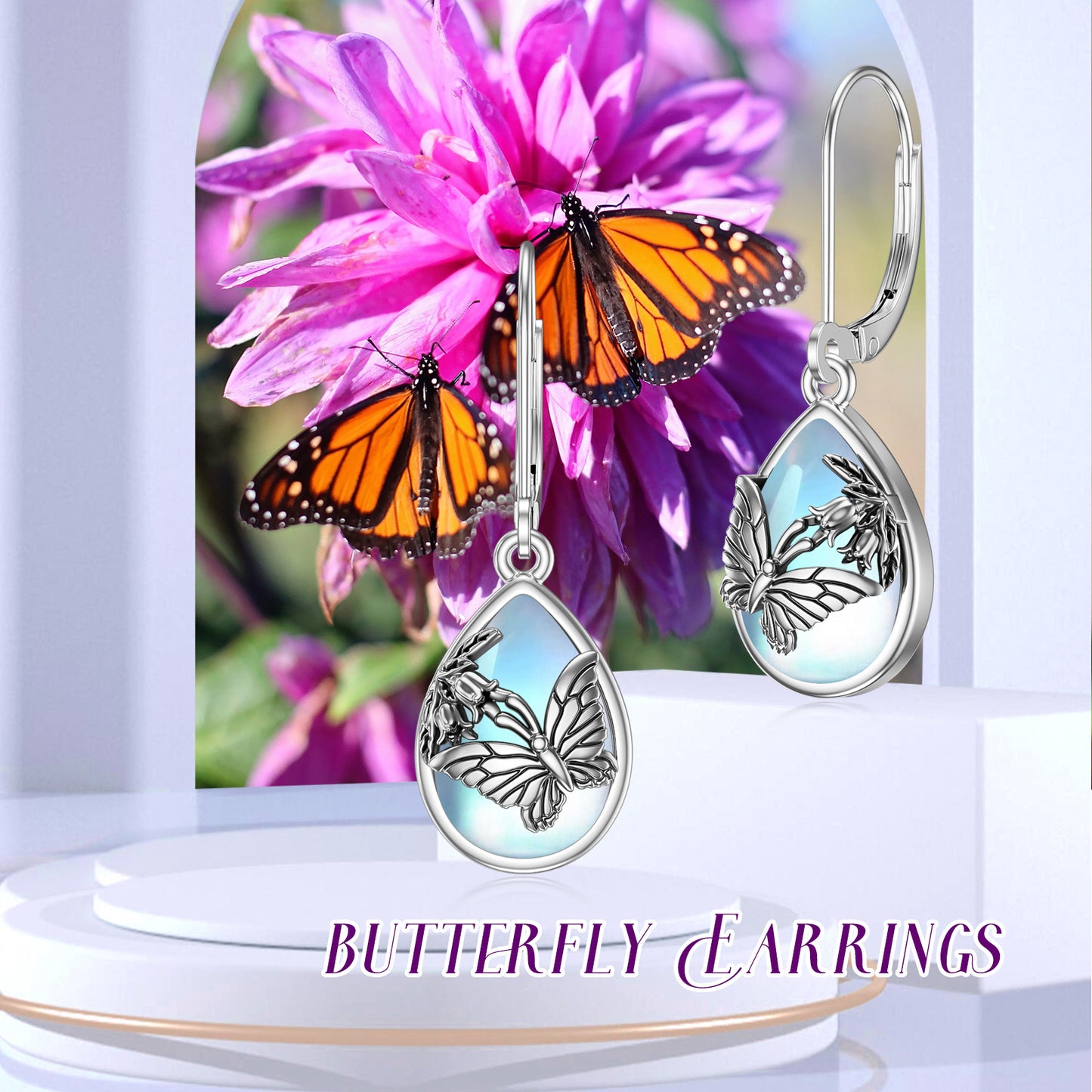Moonstone Butterfly Leverback Earrings - 925 Sterling Silver Women’s Jewelry