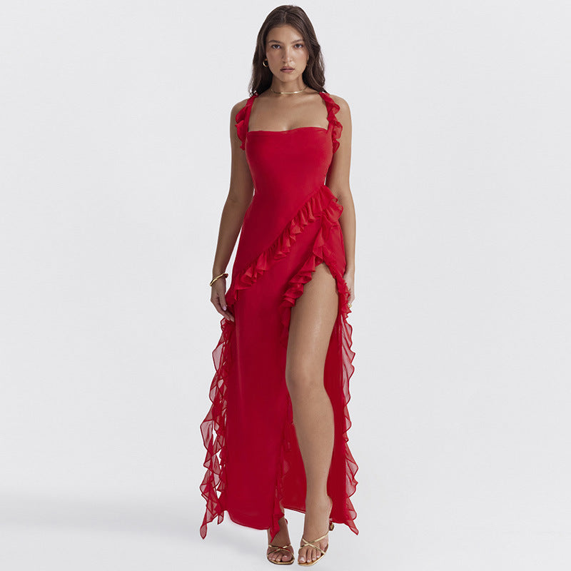 Sexy Backless Suspender Dress: Stunning Square Neck Thigh-High Split for Evening Wear