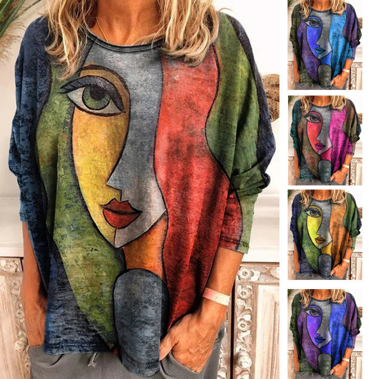 Face Art Long Sleeve T-shirt Fashion Top for Women