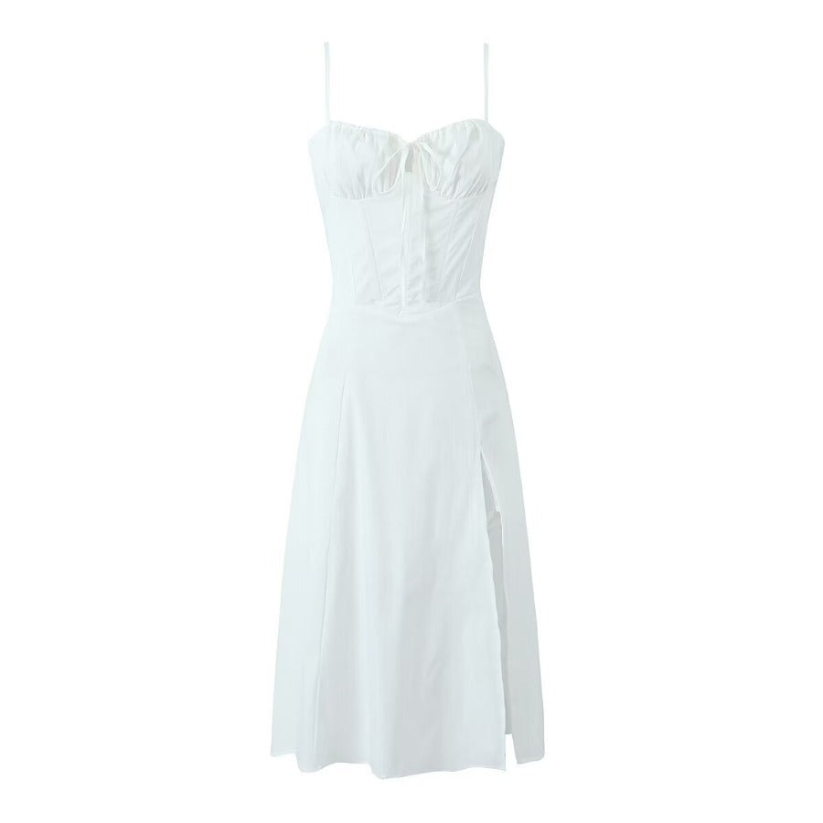 White Corset Midi Dress with Slit – Slim Fit Spaghetti Strap A-Line Style