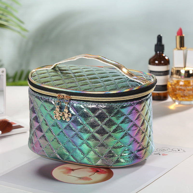 Holographic Quilted Makeup Bag with Handle – Travel Cosmetic Case in Iridescent Pastel Colors