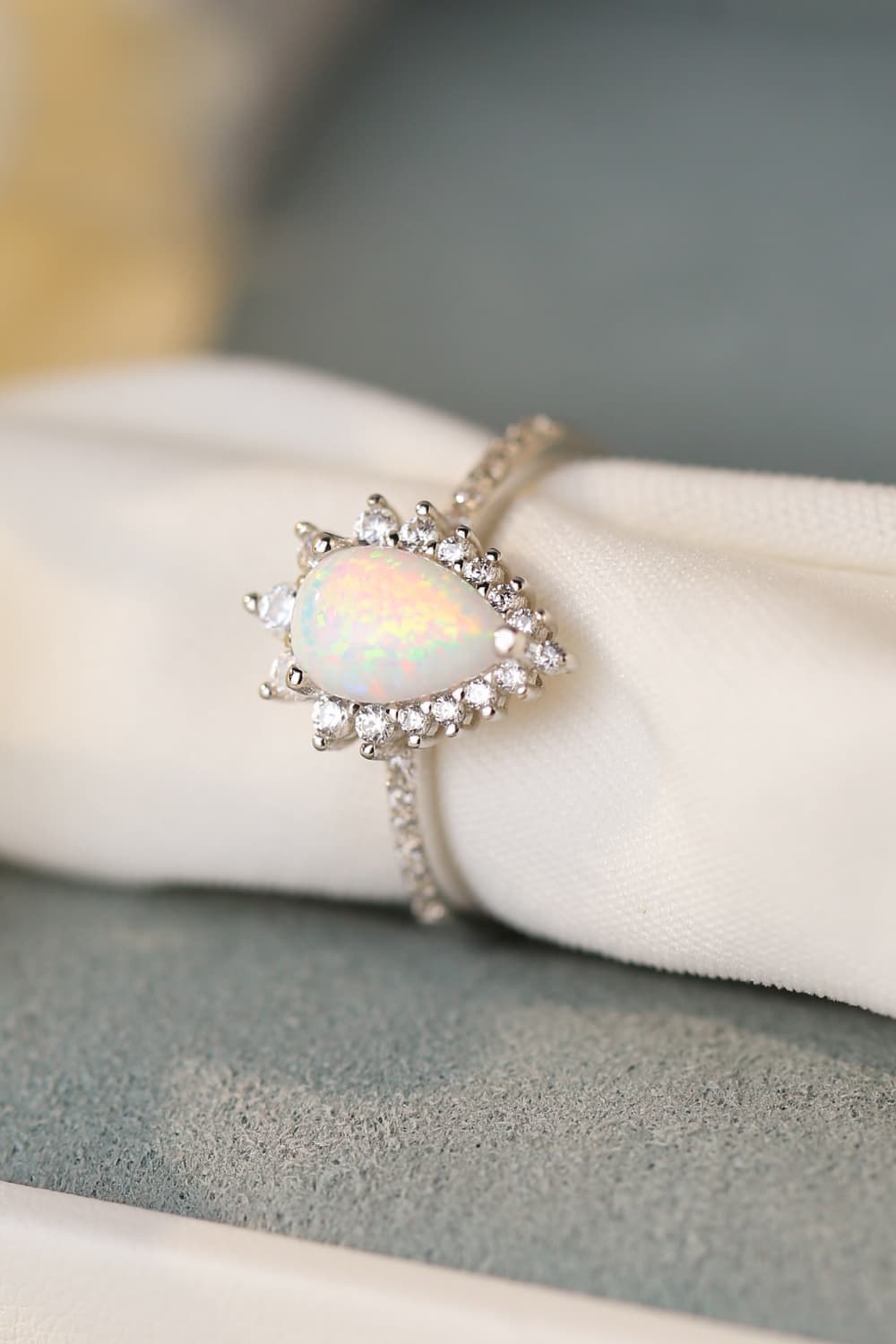 Pear Cut Opal Ring – Platinum-Plated 925 Sterling Silver with Zircon Accents