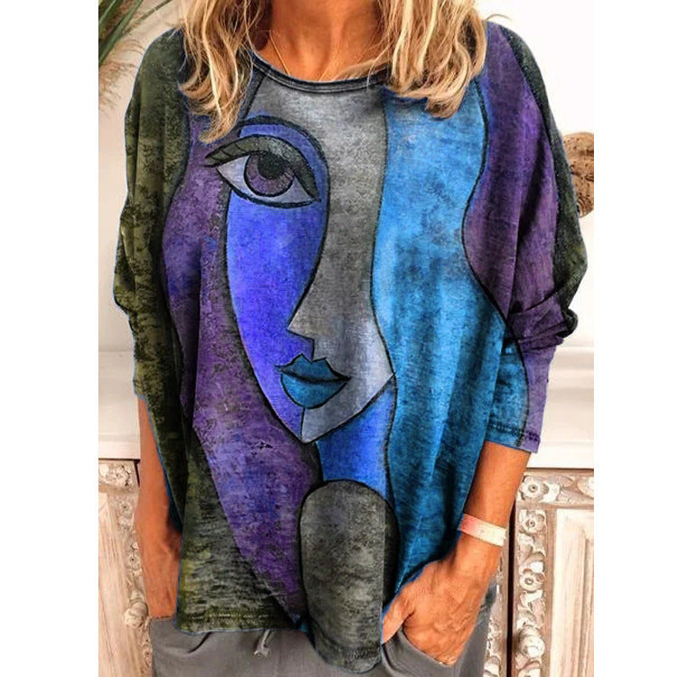 Face Art Long Sleeve T-shirt Fashion Top for Women