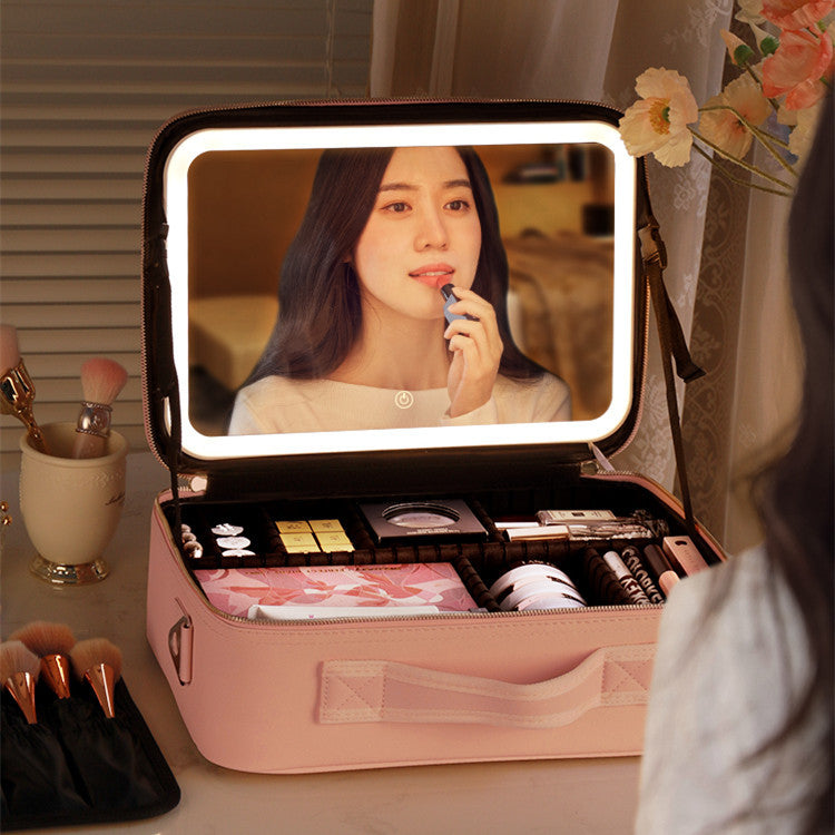 Smart LED Cosmetic Case with Mirror – Large Capacity Portable Makeup Bag, Fashionable Travel Storage