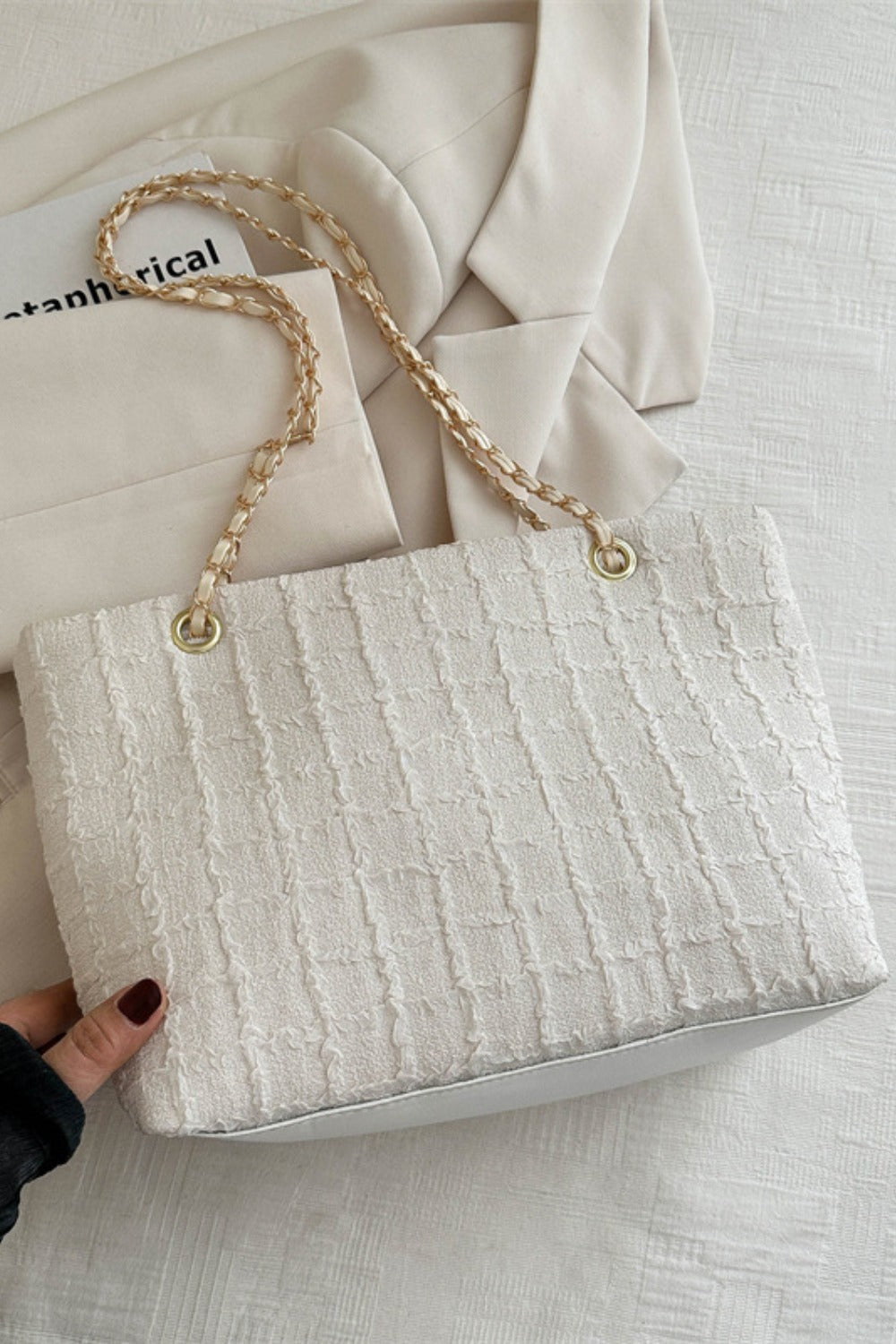 Textured Polyester Chain Tote Bag – Medium Shoulder Handbag for Everyday Style