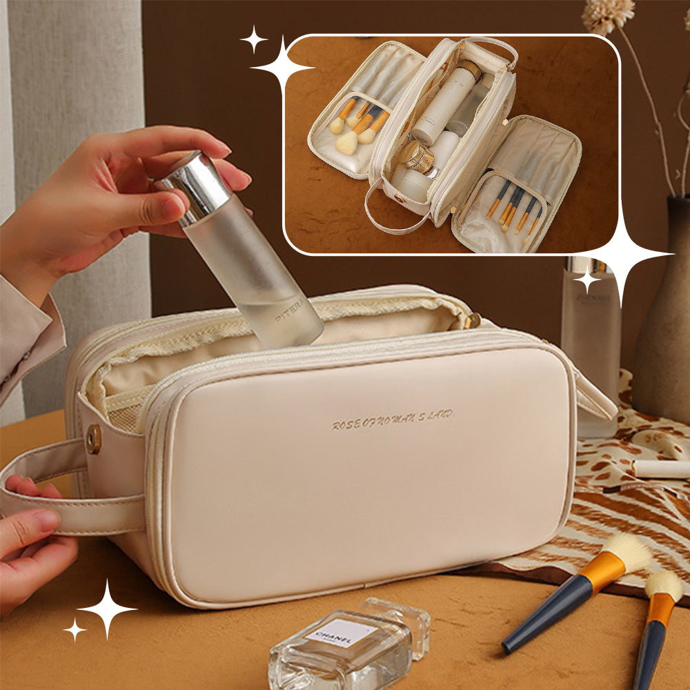 Three-Layer PU Leather Makeup Bag – Large-Capacity Travel Cosmetic Organizer with U-Shape Access