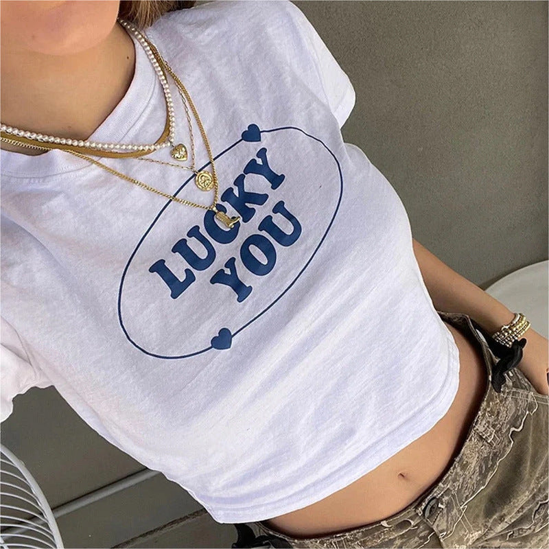 Lucky You: Women’s Casual Round Neck Letter Print Top - Fashionably Fortunate Tee