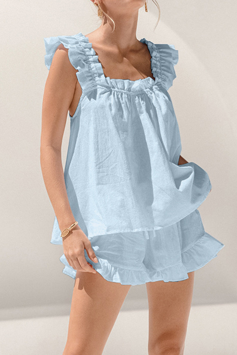 Ruffled Square Neck Top and Shorts Set – 2-Piece Summer Outfit for Women