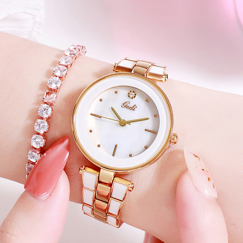 Ladies Trendy White Quartz Watch with Stainless Steel Strap - Fashionably Chic Timepiece!