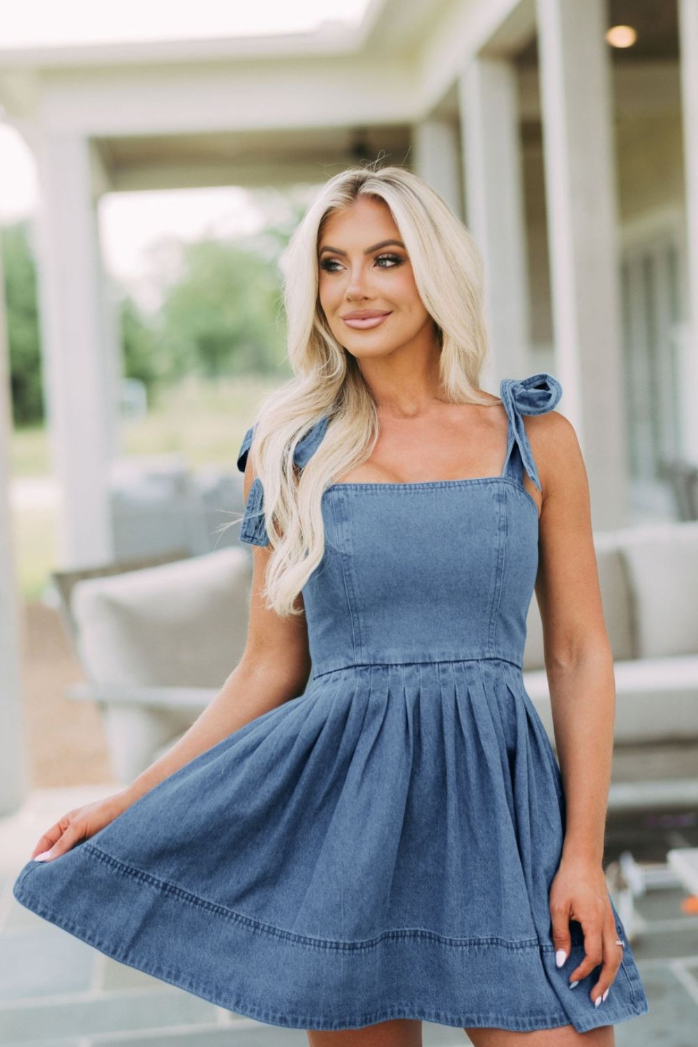 Square Neck Tie Shoulder Denim Dress – Classic, Cool & Unapologetically You