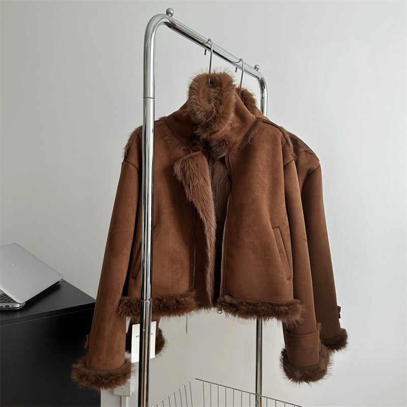 Lamb Wool One-piece Fur Motorcycle Coat Jacket Furry Coat Women