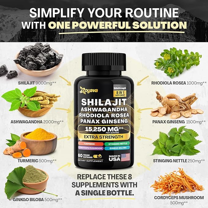 Himalayan Shilajit Energy Booster with Ashwagandha, Rhodiola Rosea, Panax Ginseng, Turmeric, Ginkgo Biloba, Stinging Nettle, and Cordyceps Mushroom - 9000MG Total