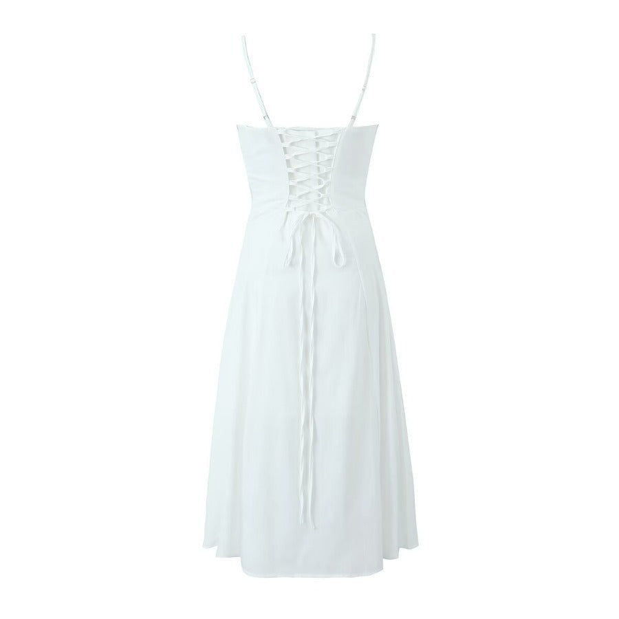 White Corset Midi Dress with Slit – Slim Fit Spaghetti Strap A-Line Style