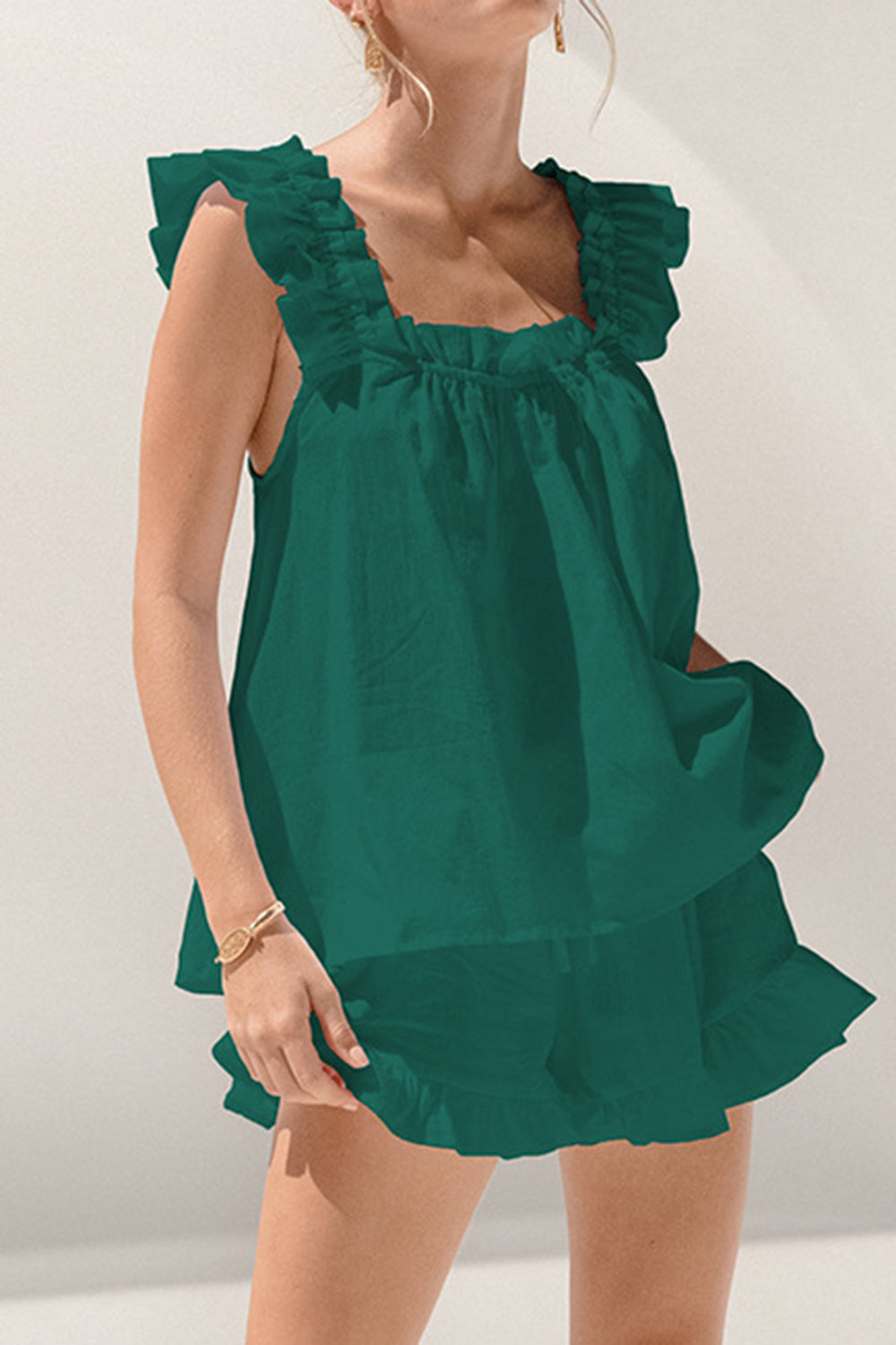 Ruffled Square Neck Top and Shorts Set – 2-Piece Summer Outfit for Women