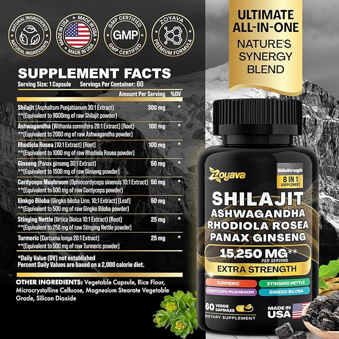 Himalayan Shilajit Energy Booster with Ashwagandha, Rhodiola Rosea, Panax Ginseng, Turmeric, Ginkgo Biloba, Stinging Nettle, and Cordyceps Mushroom - 9000MG Total
