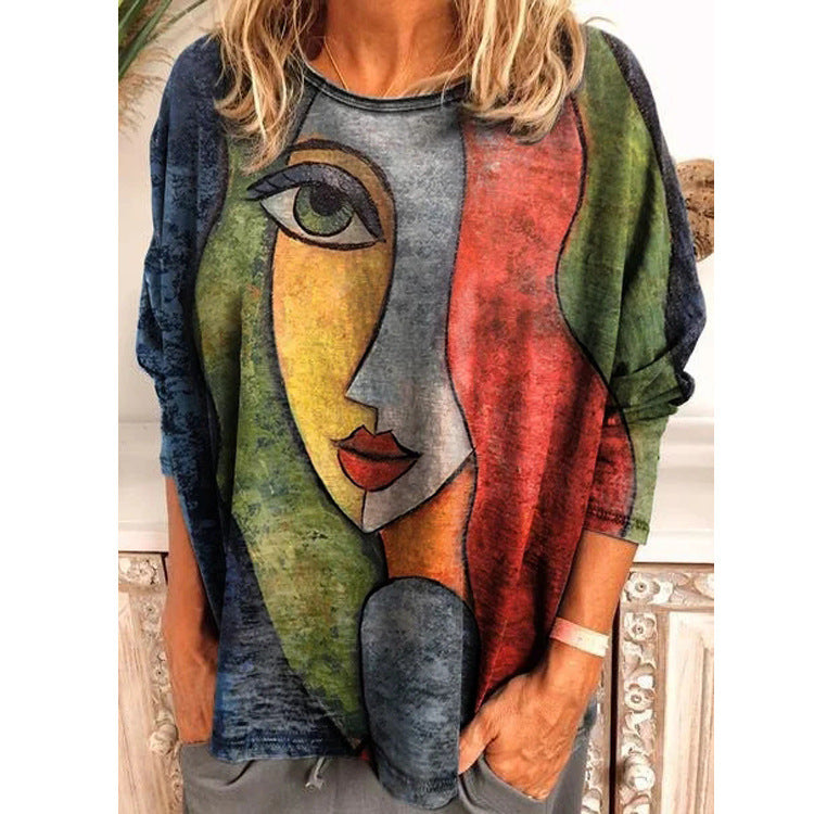 Face Art Long Sleeve T-shirt Fashion Top for Women