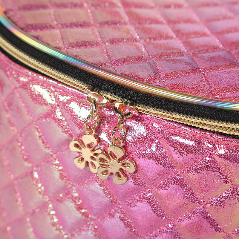 Holographic Quilted Makeup Bag with Handle – Travel Cosmetic Case in Iridescent Pastel Colors