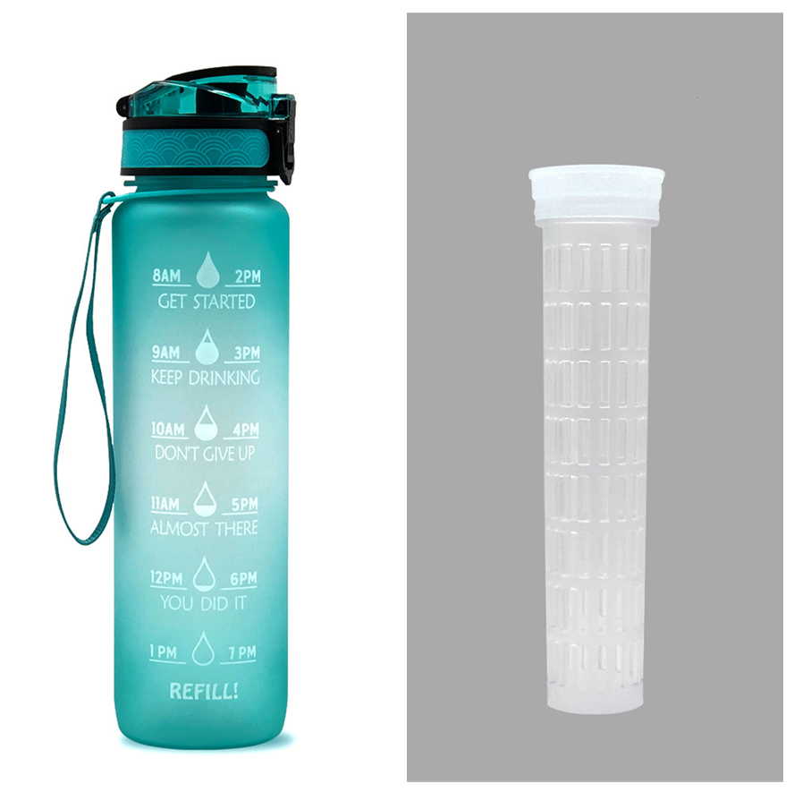 Motivational Water Bottle 1L Tritan with Time Marker, Bounce Cover for Cycling, Leakproof Cup - Ideal for Sports Fitness Bottles