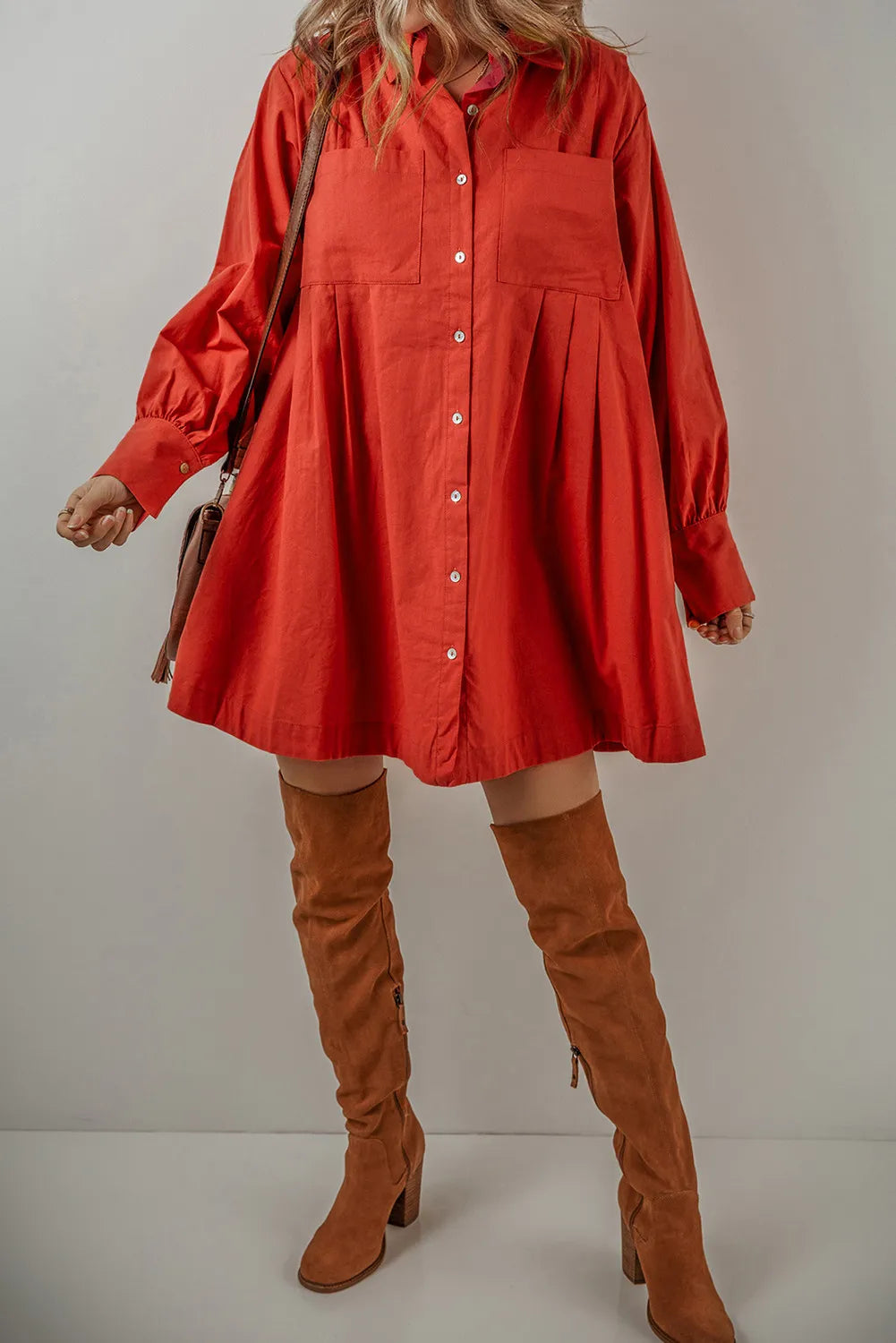 Cotton Long Sleeve Shirt Dress with Pockets and Button Down Front – Casual & Comfortable Women’s Dress