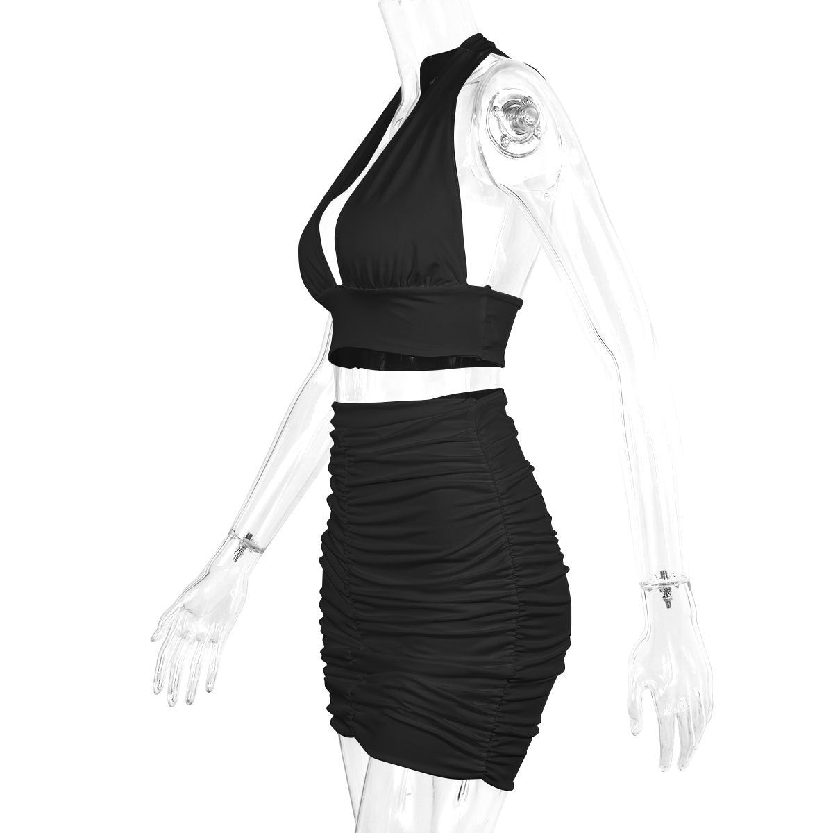 2-Piece Halter Lace-Up Crop Top & Pleated Mini Skirt Set – Hip-Hugging Women’s Dress Suit in Black, White, or Green