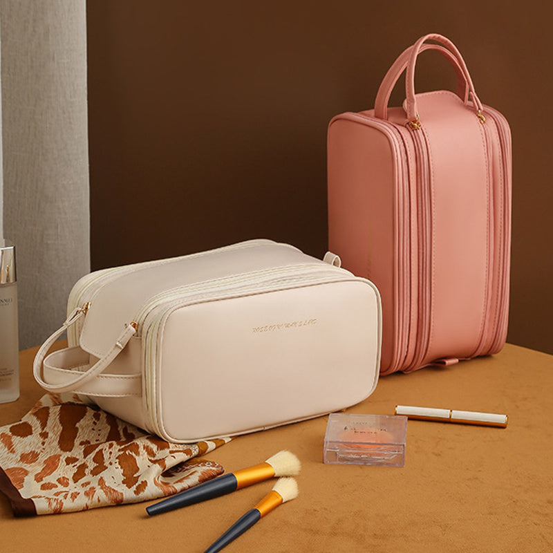 Three-Layer PU Leather Makeup Bag – Large-Capacity Travel Cosmetic Organizer with U-Shape Access