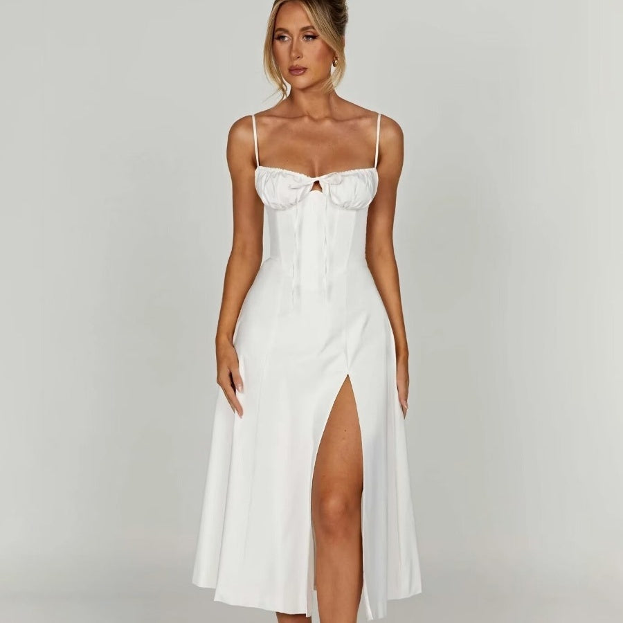 White Corset Midi Dress with Slit – Slim Fit Spaghetti Strap A-Line Style