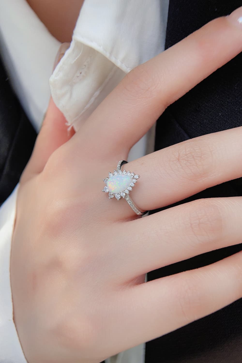 Pear Cut Opal Ring – Platinum-Plated 925 Sterling Silver with Zircon Accents