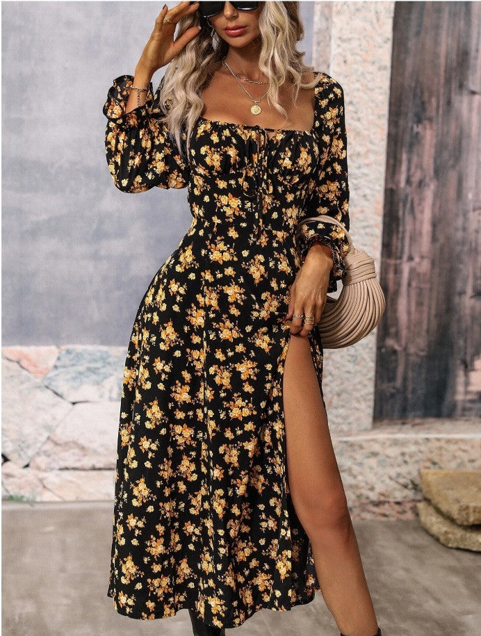 Flower Print Long Sleeve Dress – Square Neck, Bottom Slit & Effortless Elegance