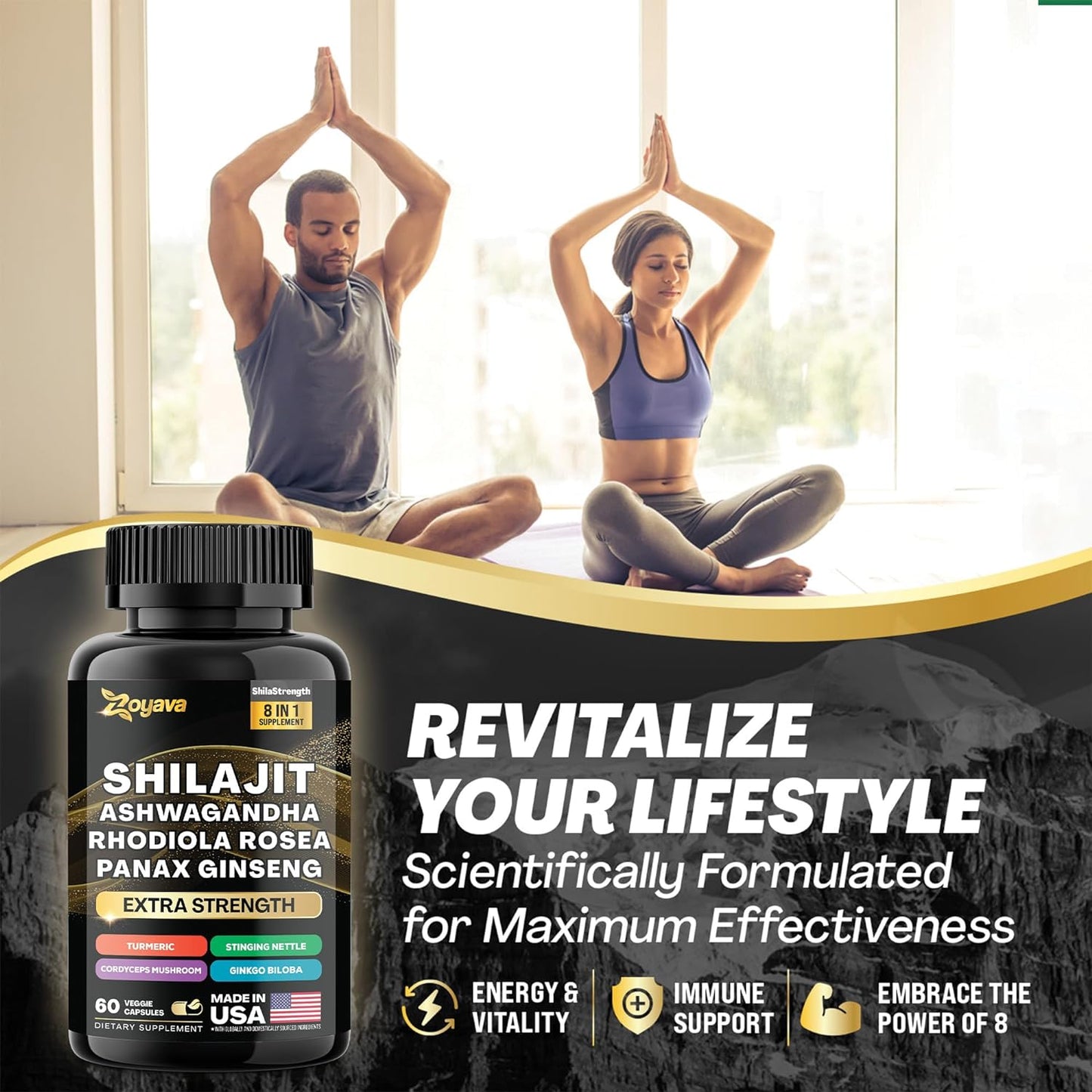 Himalayan Shilajit Energy Booster with Ashwagandha, Rhodiola Rosea, Panax Ginseng, Turmeric, Ginkgo Biloba, Stinging Nettle, and Cordyceps Mushroom - 9000MG Total