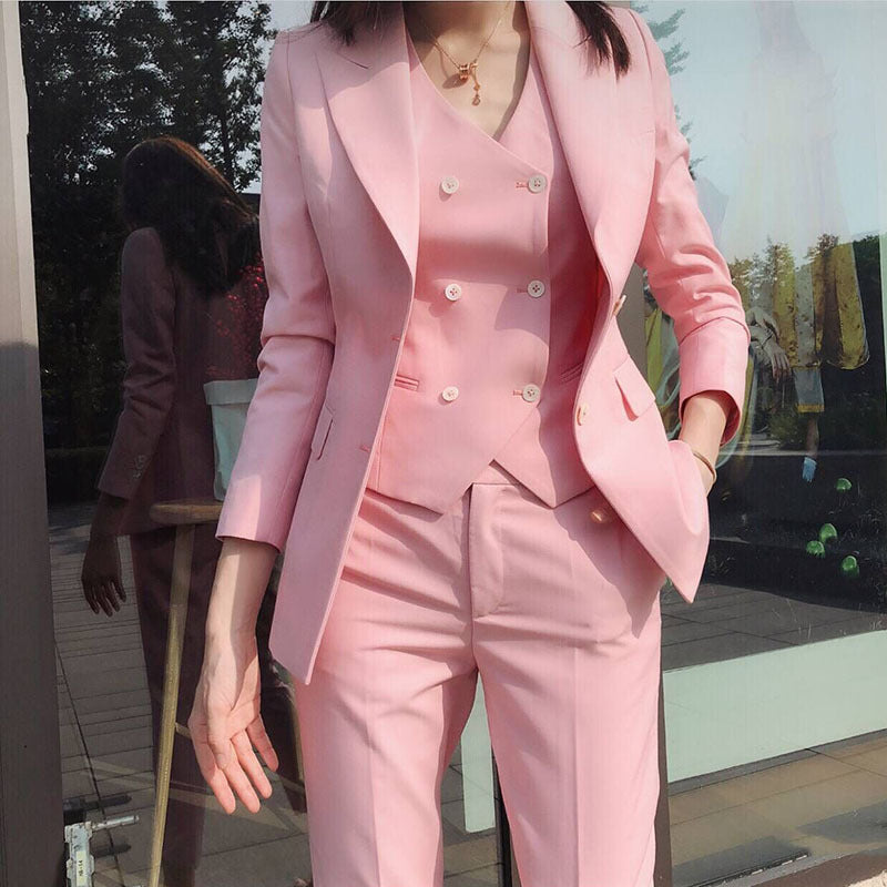 Women’s 3-Piece Pink Suit Set – Blazer, Vest & Trousers in Tailored Polyester