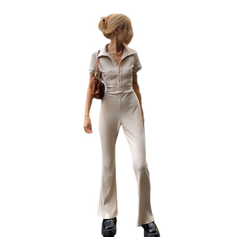 Apricot Sophisticate: High-Waisted Backless Jumpsuit with Micro-Pull Design