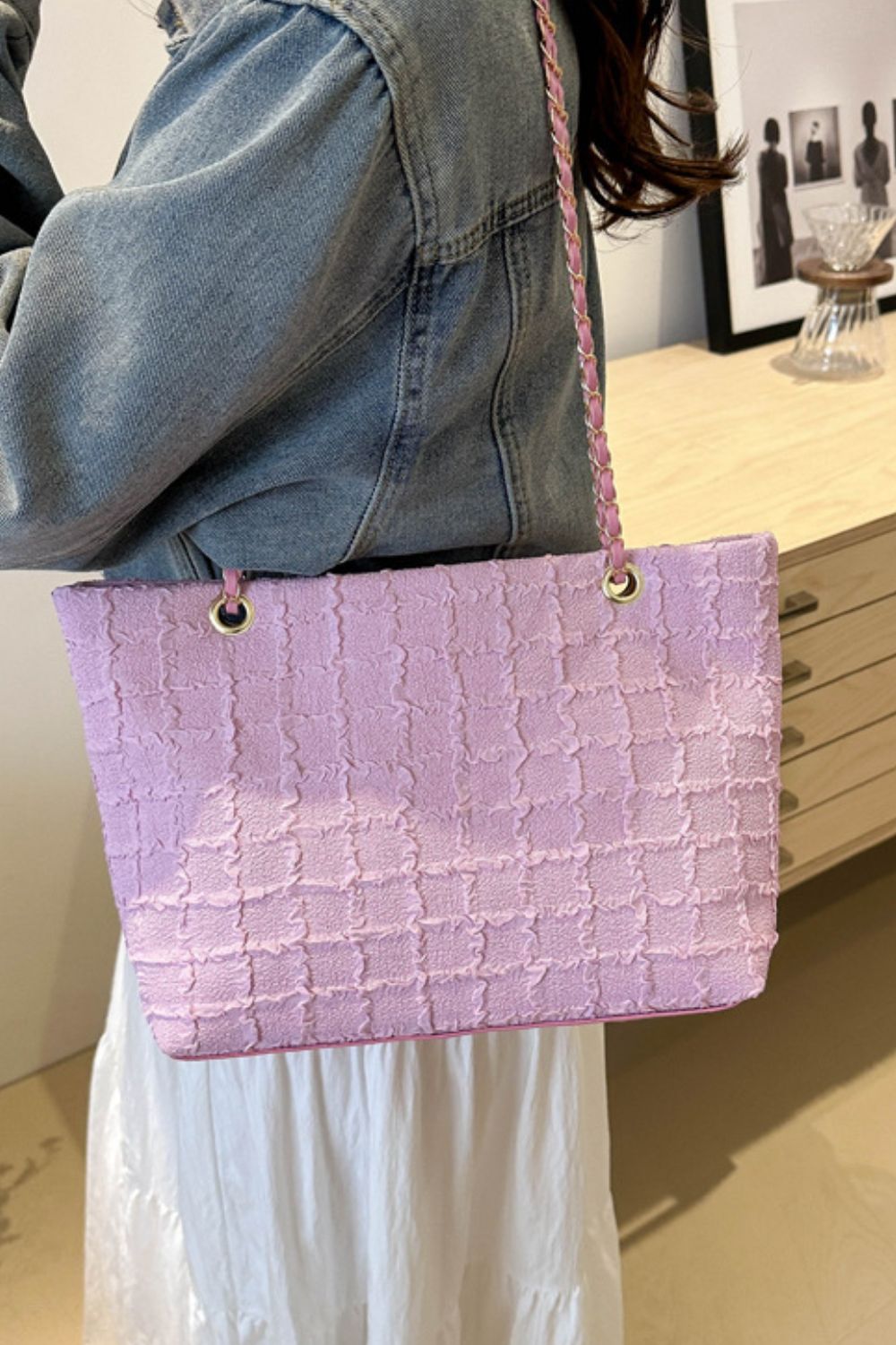 Textured Polyester Chain Tote Bag – Medium Shoulder Handbag for Everyday Style