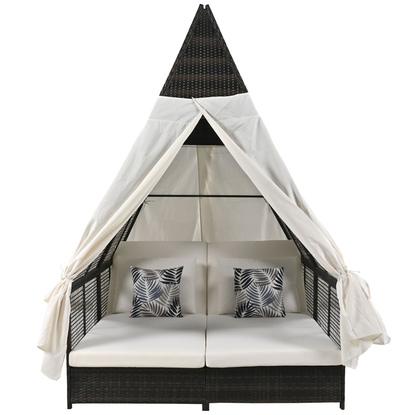 Outdoor Daybed With Adjustable Backrest And Curtains, Double Sun Lounger
