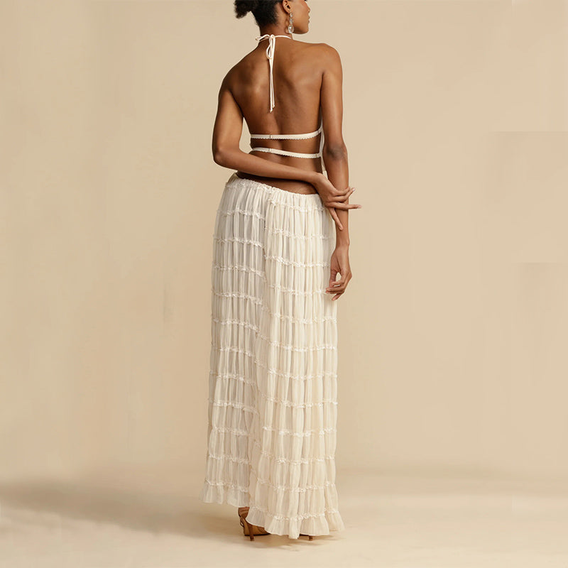 Sexy 2-Piece Backless Halter Crop Top & Oversized Pleated Maxi Skirt – High Waist Summer Dress Set in White or Yellow