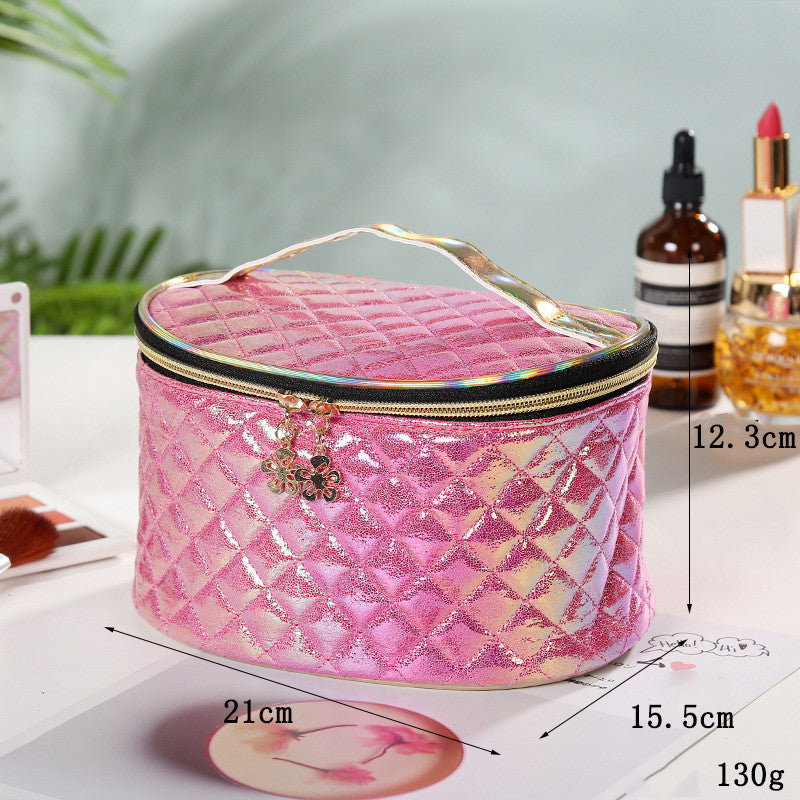 Holographic Quilted Makeup Bag with Handle – Travel Cosmetic Case in Iridescent Pastel Colors