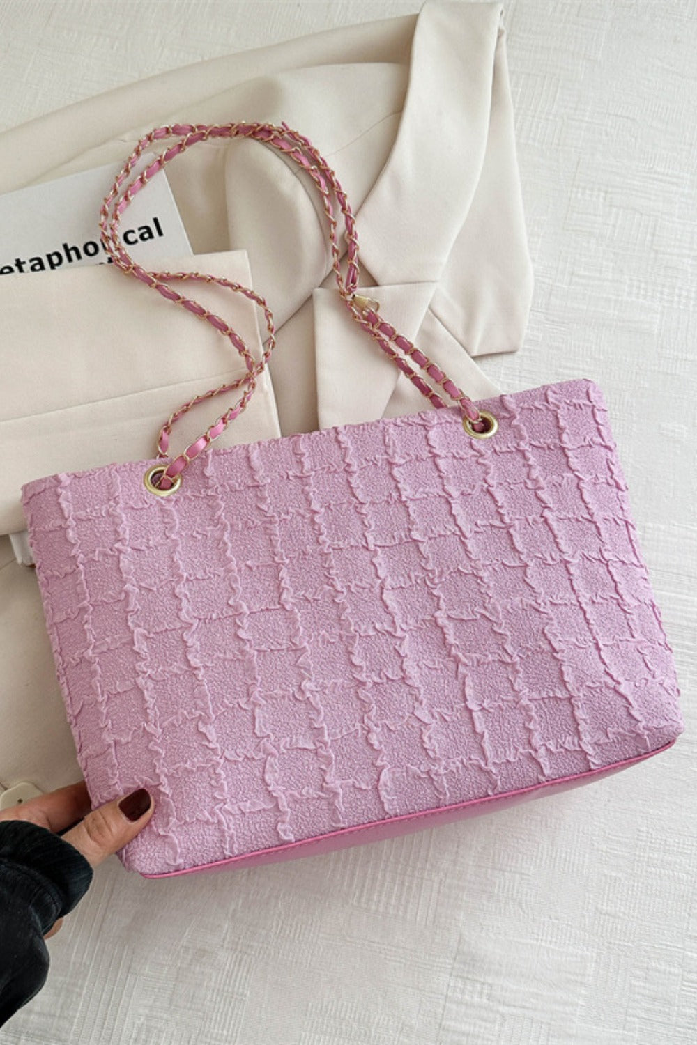 Textured Polyester Chain Tote Bag – Medium Shoulder Handbag for Everyday Style