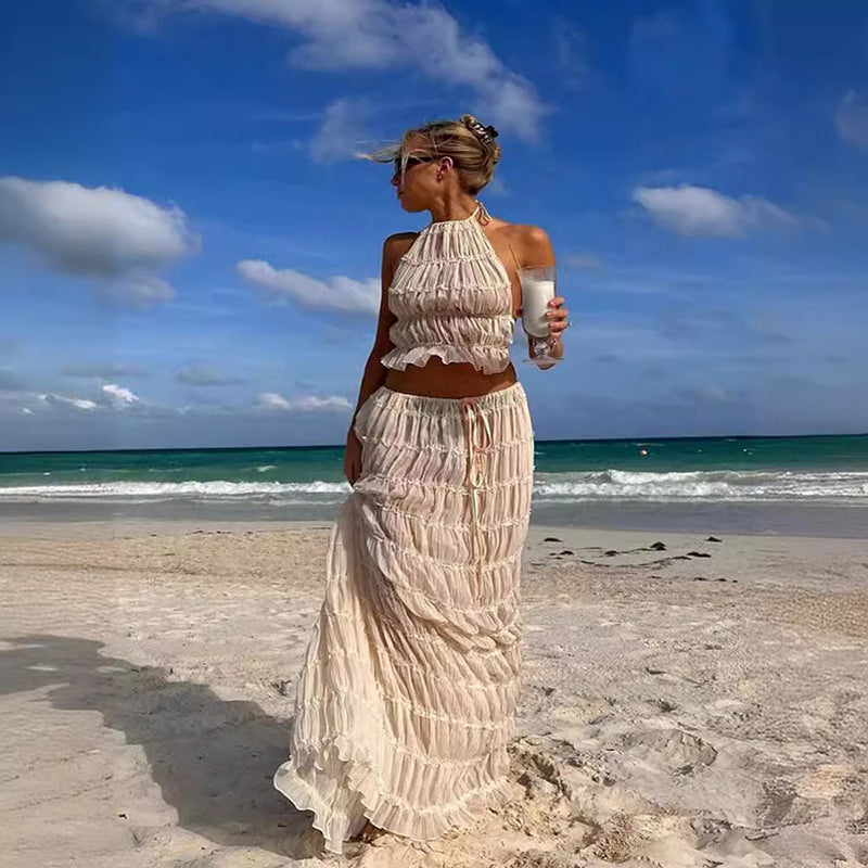 Sexy 2-Piece Backless Halter Crop Top & Oversized Pleated Maxi Skirt – High Waist Summer Dress Set in White or Yellow