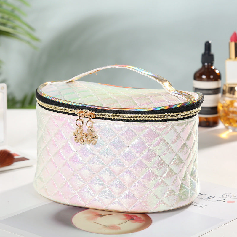 Holographic Quilted Makeup Bag with Handle – Travel Cosmetic Case in Iridescent Pastel Colors