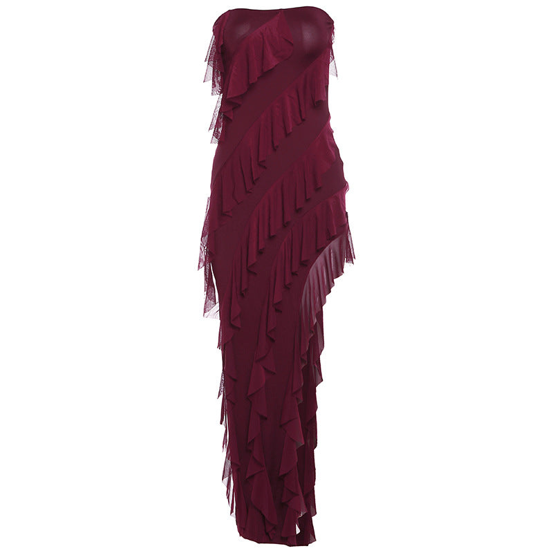 Trendy Women's Fashion Tube Top Backless Split Tassel Dress Birthday Party Clubwear