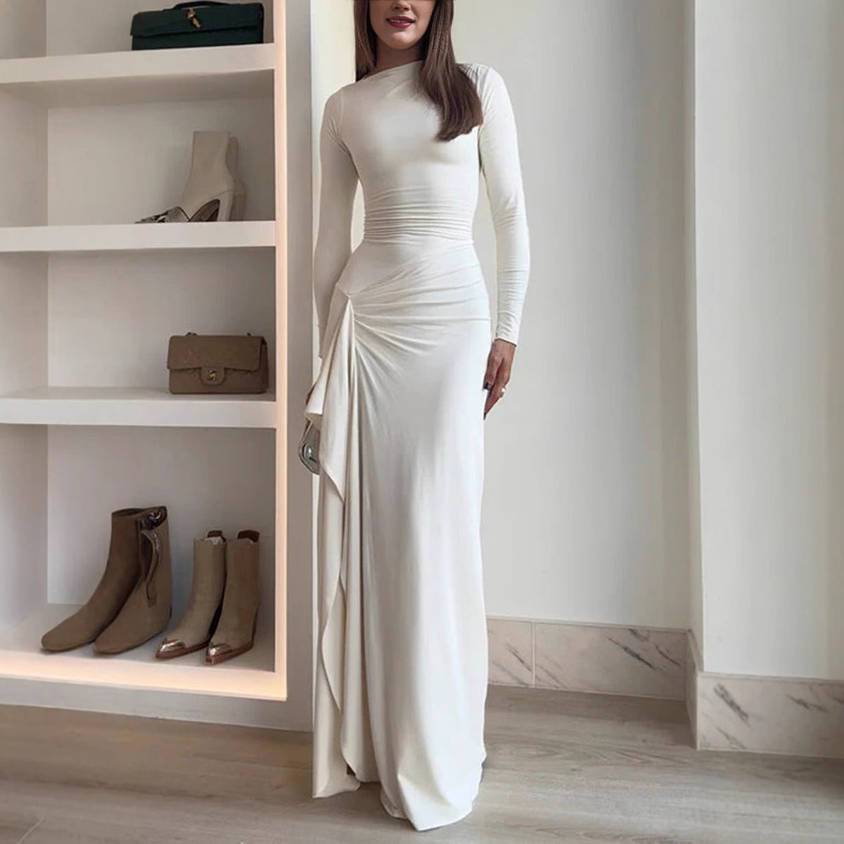 Elegant Asymmetric Split Maxi Dress – Slim Fit, Long Sleeve, Trendy Solid Color Gown for Women