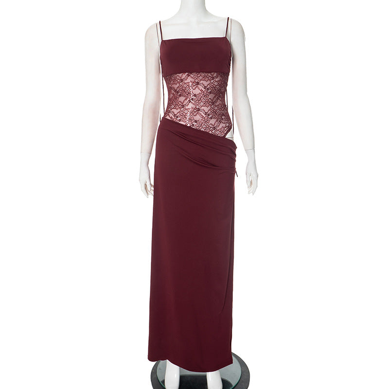 Lace Panel Spaghetti Strap Maxi Dress – Sheer Waist Gown in Wine Red, Black & More