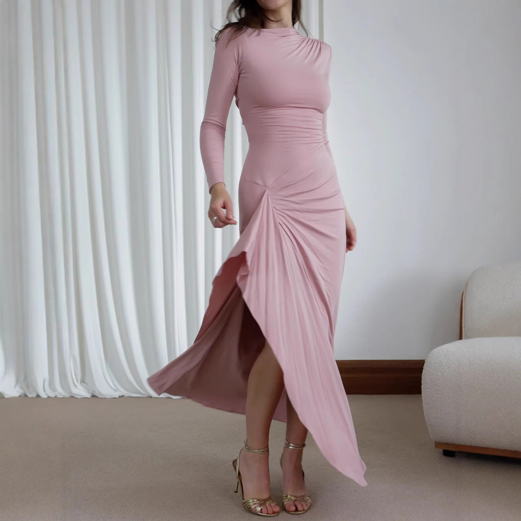 Elegant Asymmetric Split Maxi Dress – Slim Fit, Long Sleeve, Trendy Solid Color Gown for Women