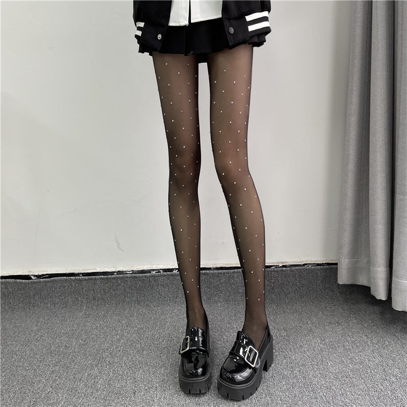 One Size Black With Diamond Silk Screen Red Shiny Rhinestone Pantyhose Thin Anti-hook Pantyhose