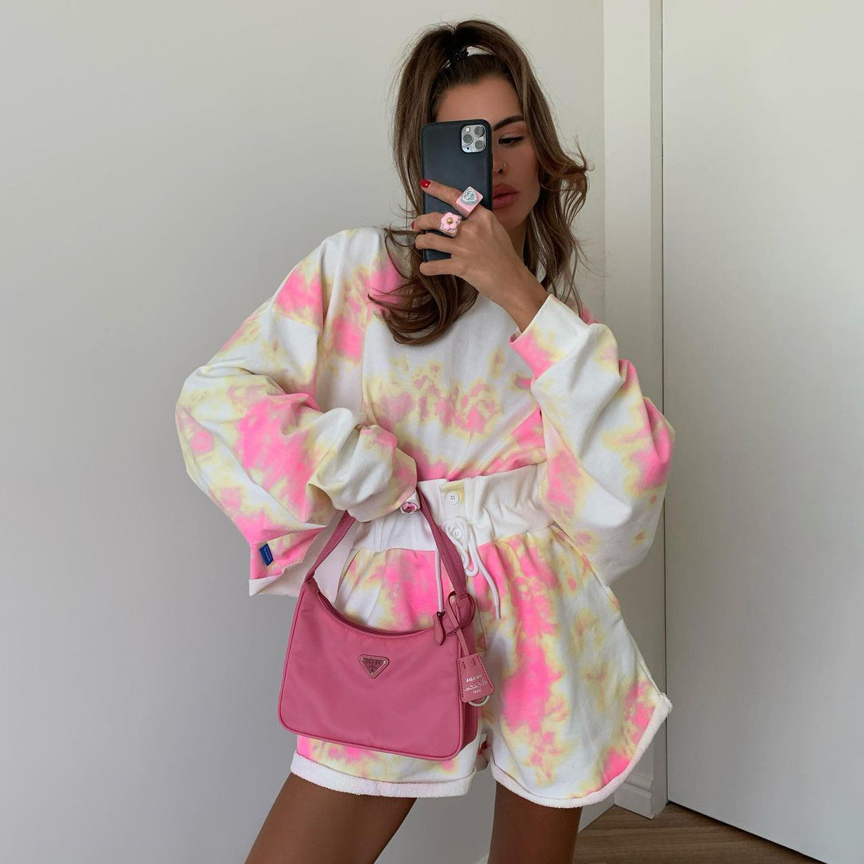 Fashionable Women's Tie-Dye Lace-Up Shorts Two-Piece Set