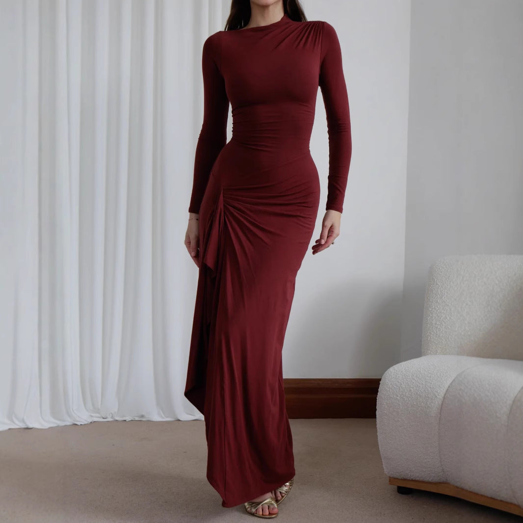 Elegant Asymmetric Split Maxi Dress – Slim Fit, Long Sleeve, Trendy Solid Color Gown for Women